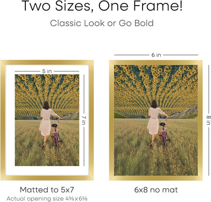 Homeforia 6x8 Picture Frame Gold, High End Metal 6 x 8 Frames with Mat 5 by 7 for Print, Photo Frame 6x8 Gold Matted to 5x7 inches Art, 6by8 Wall or Tabletop Frames, Tempered Glass, Wall Kit, Set of 1