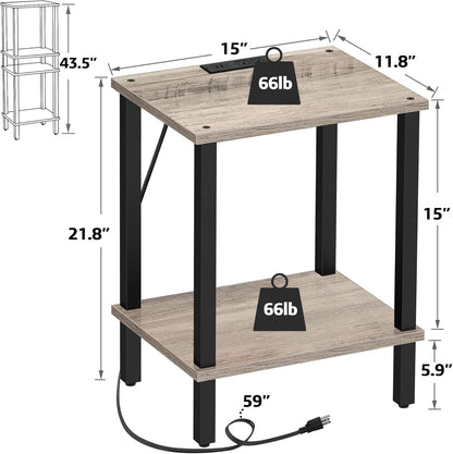 TUTOTAK End Table with Charging Station, Set of 2, Small Side Table, Nightstand Bedside Table, 2-Tier Storage Shelf for Small Space, Living Room, Bedroom Greige V1TB01BG041
