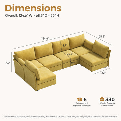 134.6" Oversized Modular Sectional Sofa, Large 6 Seater U Shaped Couch Deep Seat for Living Room, Apartment - Chenille Yellow