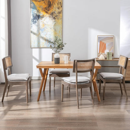 Rattan Dining Chairs Set Of 4 , Mid Century Modern Upholstered Cane Back Chairs with Removable Linen Cushion , Retro Farmhouse Natural Wooden Kitchen & Dining Room Chairs for Restaurant Living Room