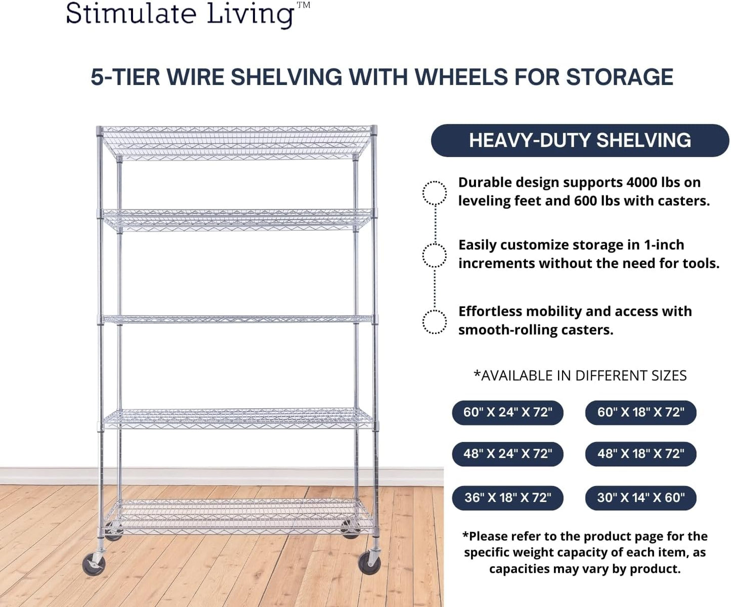 48"x24"x72" Prime Heavy Duty Chrome 5-Tier Steel Wire Shelving NSF 4000 LBS MAX Capacity Storage Rack for Commercial, School, Home, Garage, Warehouse, Industrial, and Hospital Uses (with Wheels)