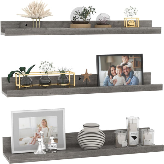 Giftgarden 24 Inch Grey Floating Shelves for Wall Mount, Gray Wood Wall Shelf Ledge for Bathroom Bedroom Living Room Kitchen Storage, Set of 3 Different Sizes