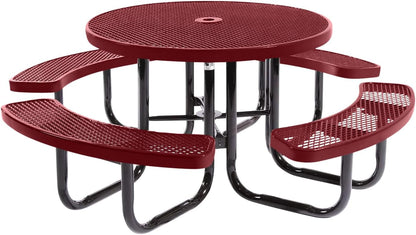 Heavy-Duty Portable Outdoor Picnic Table with Umbrella Hole, Expanded Metal Commercial-Grade Patio Dining Furniture Made in America (46" Round Top, Burgundy)