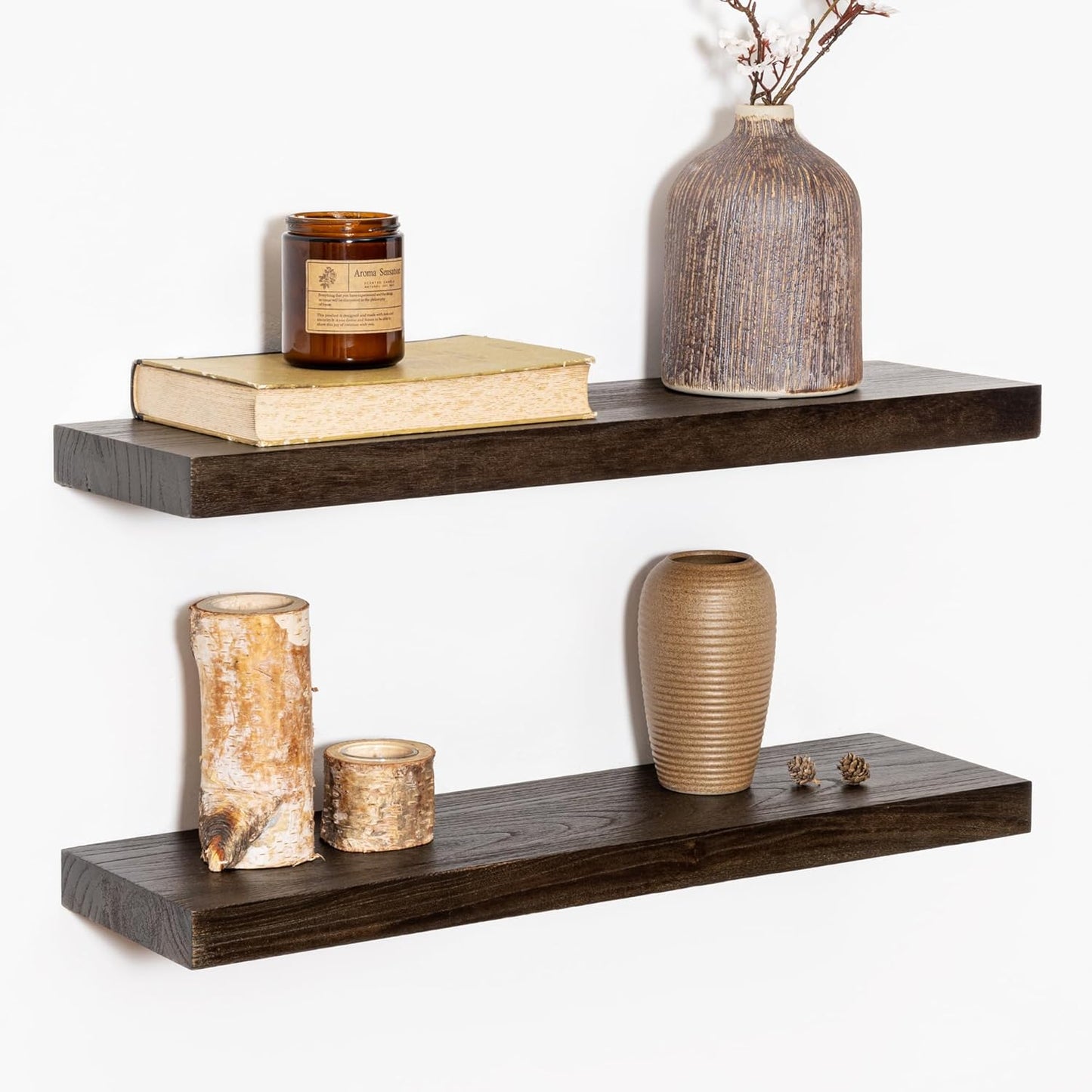 Wood Floating Shelves for Wall, 24" Floating Shelves Wall Mounted, Rustic Old Elm Wood Shelves for Home Decor, Heavy-Duty Storage Shelves for Books, Bathroom, Kitchen, Walnut Color, Set of 2