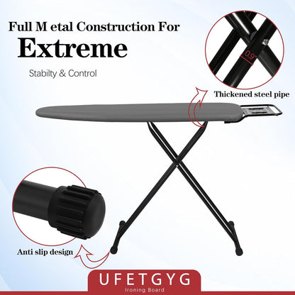 Ironing Board,13" X 43" W/with Iron Rest | Full Metal Construction| Height Adjustable | Heat & Scorch Resistant Fabric | Heavy Duty| Easy to Fold | Anti-Skid Feet |Grey