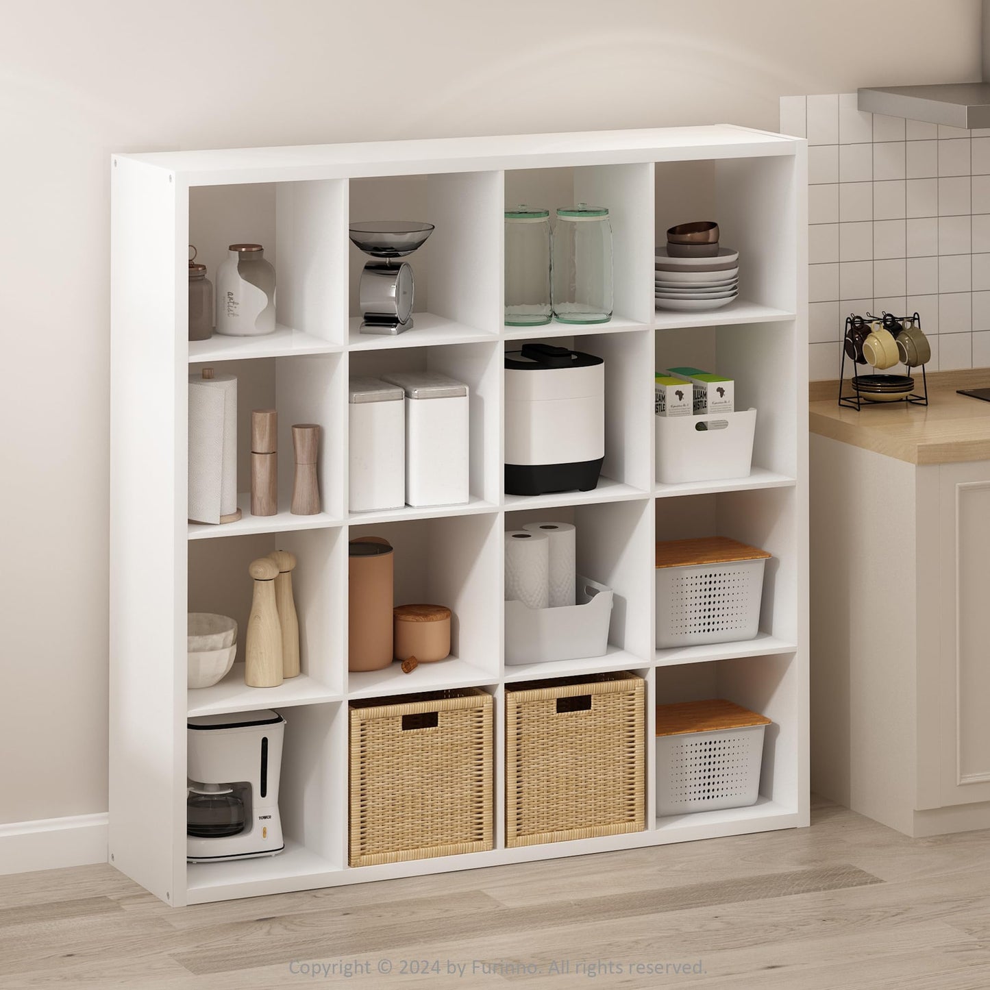 Furinno Simple 16-Cube Storage Organizer, Display Shelf, White