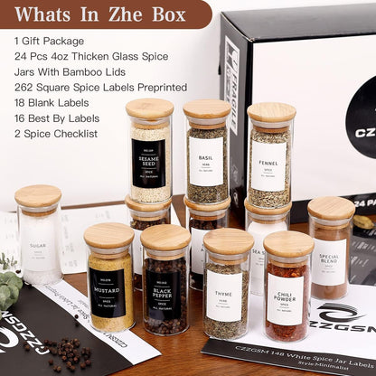 24 Pcs Glass Jars With 296 Spice Labels Preprinted of White and Black Color- 4oz Thicken(2.4mm) Empty Small Herb Seasoning Containers With Bamboo Airtight Lids