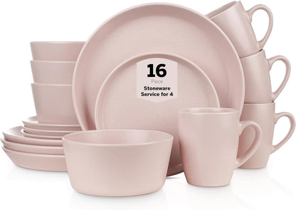 Stone Lain Albie Stoneware 16-Piece Modern Dinnerware Set, Kitchen Plates and Bowls Sets, Dish Set for 4, Pink