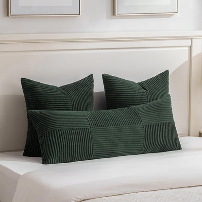 Fancy Homi Set of 2 Dark Green Boho Long Lumbar Body Decorative Throw Pillow Cover 14x36 Inch for Bed Couch Bedroom Bench, Soft Patchwork Corduroy Textured Pillow Case, Rustic Farmhouse Room Decor