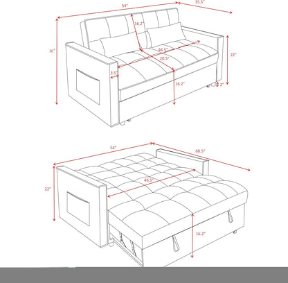 3 in 1 Sleeper Sofa Bed, Futon Sofa Bed for Living Room with Side Pocket, Black Sleepers Sofas Couch with Pullout Beds, Convertible Love Seat Sleepers Couch for Living Room, Bedroom,