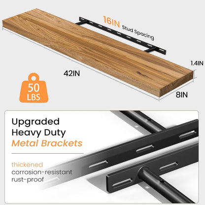 Floating Shelves for Wall, 42" Flat Edge Solid Elm Wood Floating Shelf, Wall-Mounted Display Shelves with Invisible Heavy-Duty Metal Bracket, Floating Shelf for Living Room Kitchen, Natural