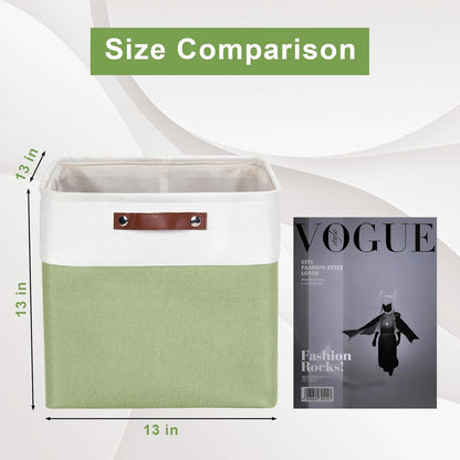 13x13 Cube Storage Bins, Collapsible Fabric Storage Box, 4 Pack Closet Baskets with Handles for Organizing, Shelf, Toys, Clothes, Home, Office, Nursery (Green&White)