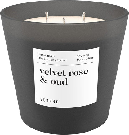 Hidden Label Large Scented Candle, Velvet Rose & Oud, 30oz 3 Wick Huge Candle, Serene Collection Slow Burn Natural Soy Candles for Home Scented