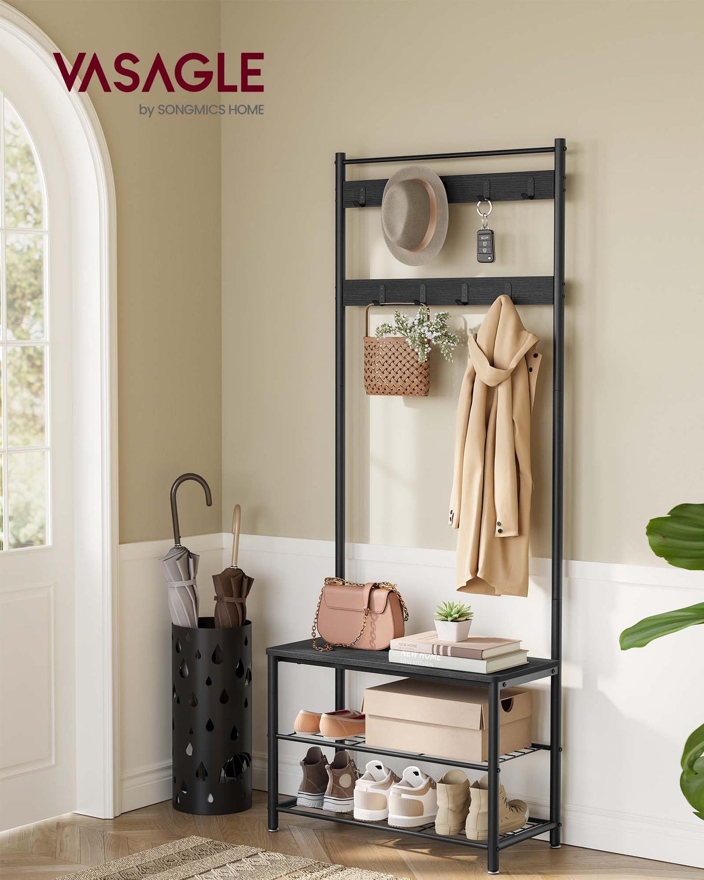 VASAGLE Coat Rack, Hall Tree with Shoe Storage Bench, Entryway Bench with Shoe Storage, 3-in-1