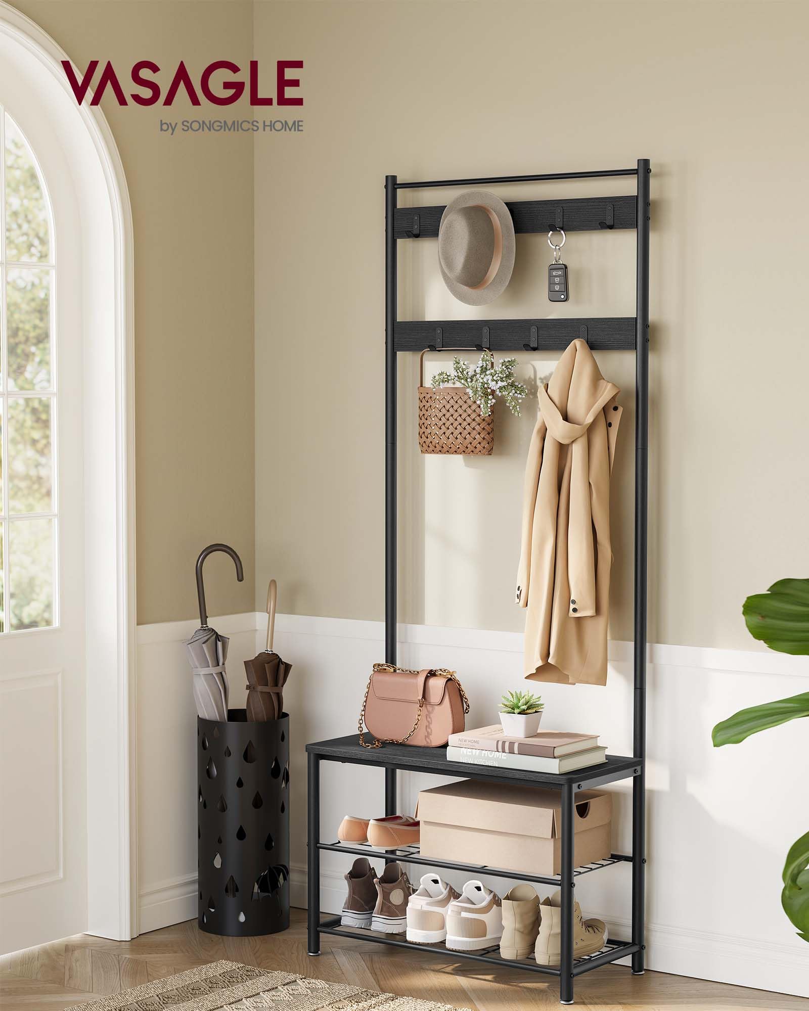 VASAGLE Coat Rack, Hall Tree with Shoe Storage Bench, Entryway Bench with Shoe Storage, 3-in-1