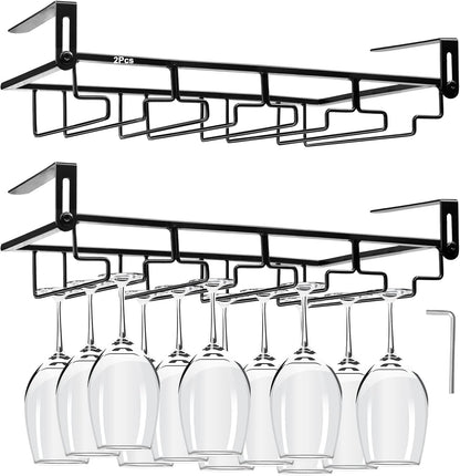 AUHOKY 2Pcs Adjustable Under Cabinet Stemware Metal Glass Holder, Hanging Wine Glass Storage Hanger Organizer for Shelf Kitchen Bar Decor(4 Rows, Black)