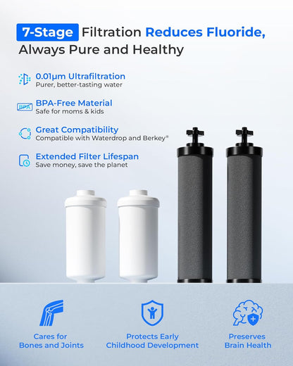 [New Upgraded Ultrafiltration] Waterdrop Black and Fluoride Water Filter, Replacement for Berkey® Black Purification Elements, Berkey® Gravity Water Filter System