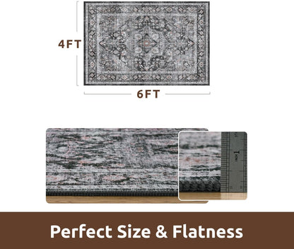 AMOAMI-4X6 Area Rugs for Living Room -Soft Vintage Bedroom Rug-Non Slip Washable Rug-Throw Rugs for Living Room Bedroom Bedside Dining Room Office Dark Grey & Black