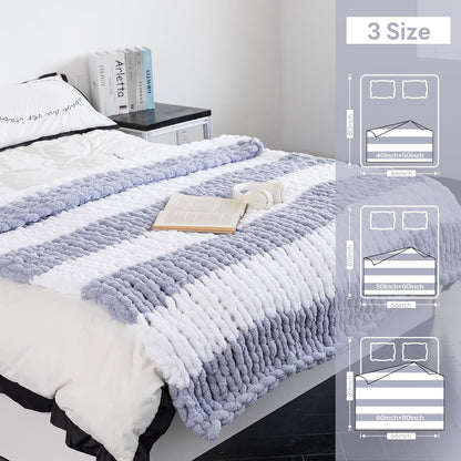 Chunky Knit Blanket - Luxury Soft Cozy 60 * 80 Throw Blanket,100% Woven Blanket Rope Knot Throw Blanket for Couch, Sofa, Home Decor, Gift - Machine Washable（White/Light Gray）