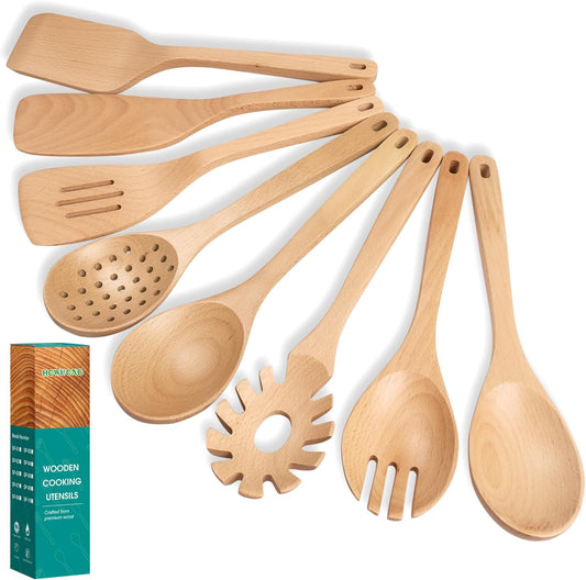 Wooden Spoons for Cooking, 8 Pcs Beech Wood Wooden Kitchen Cooking Spoon Utensil Tools Set Includes