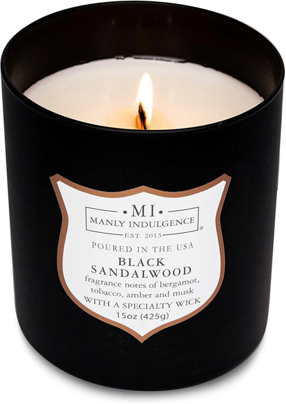 Manly Indulgence Black Sandalwood Scented Candle for Men 15 oz – Bergamot, Tobacco, Amber & Musk - Wood Wick - Up to 60 Hours Burn - Soy Blend Wax, USA Poured – Signature Collection