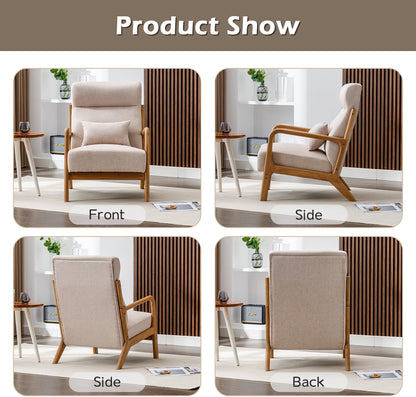 INZOY Mid Century Modern Accent Chair with High Back, Upholstered Living Room Chairs with Waist Cushion, Wood Frame Reading Armchair for Bedroom Sunroom, Beige