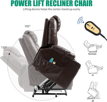 VIVIJASON Power Lift Chair Electric Recliner for Elderly Heated Vibration Massage Faux Leather Recliner Chair with 2 Remote Controls, Cup Holders, Side Pockets & USB Ports for Living Room (Brown)