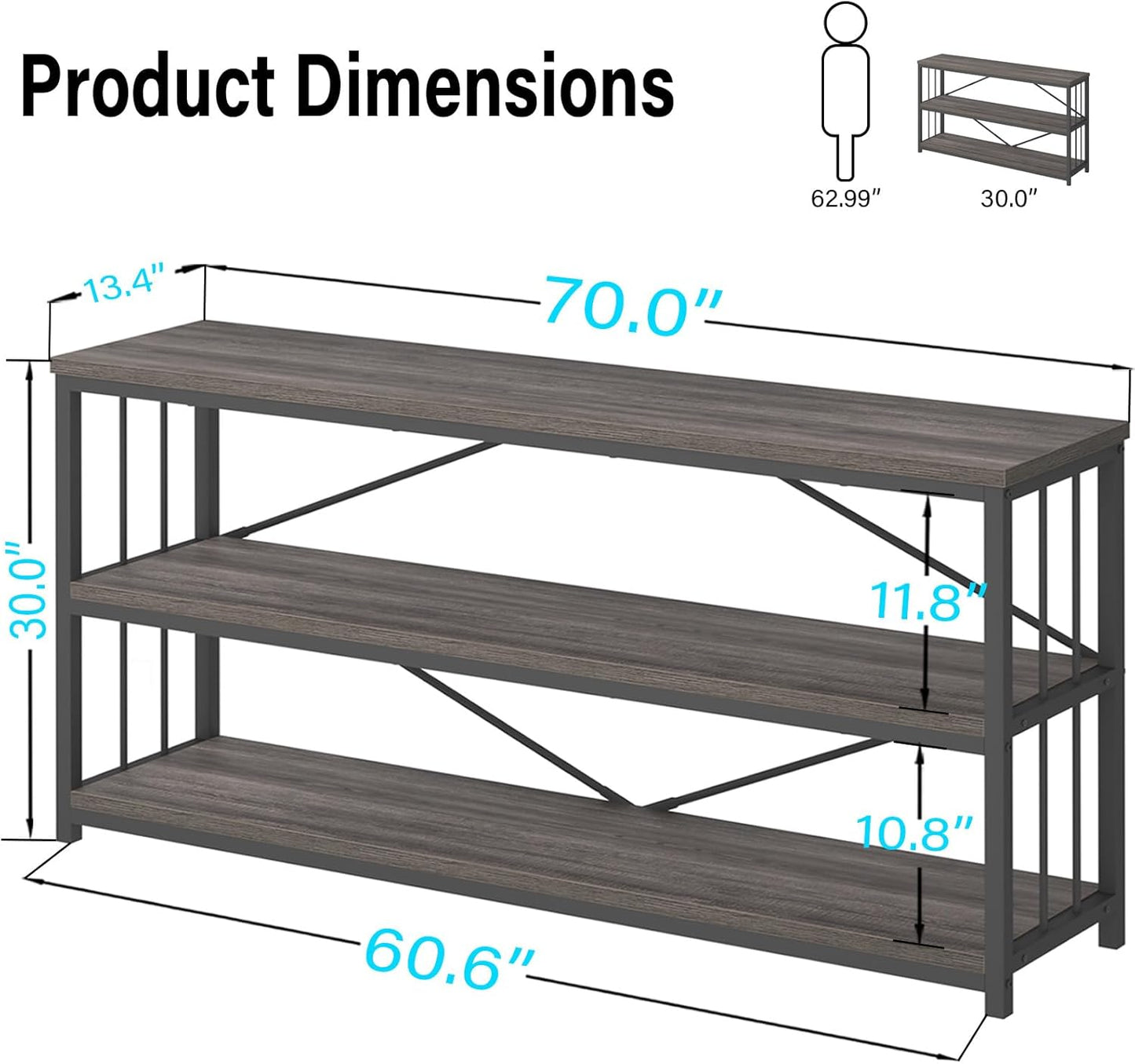 LVB 3-Tier Rustic Console Table, Extra Long Entryway Table with Storage, Industrial Skinny Wood Metal Sofa Table with Shelf, Modern Narrow Hallway Table for Foyer Living Room Bedroom, Dark Gray, 70 In