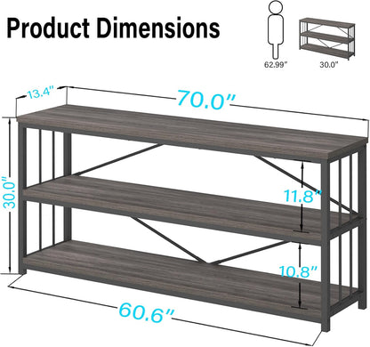 LVB 3-Tier Rustic Console Table, Extra Long Entryway Table with Storage, Industrial Skinny Wood Metal Sofa Table with Shelf, Modern Narrow Hallway Table for Foyer Living Room Bedroom, Dark Gray, 70 In