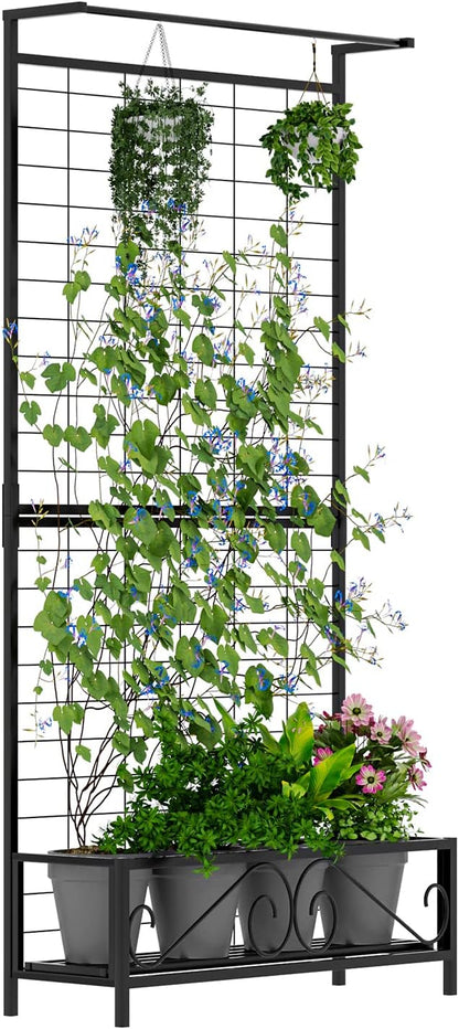 Zhongma Metal Planter with Trellis Raised Bed with Trellis for Vine Climbing Plants Flowers(12.8 x 35.43 x 74 in), 74 Inch Height Privacy Screen with Hanging Plant Pot Shelf