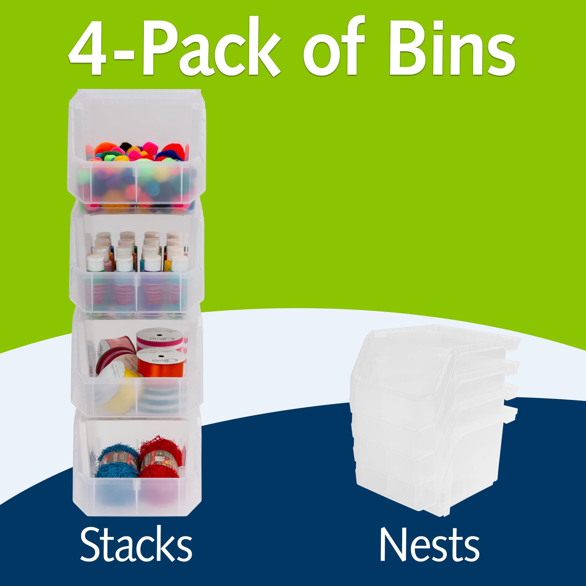 ReadySpace Medium-Tall Stackable Plastic Storage Bins, 4-Pack, Clear