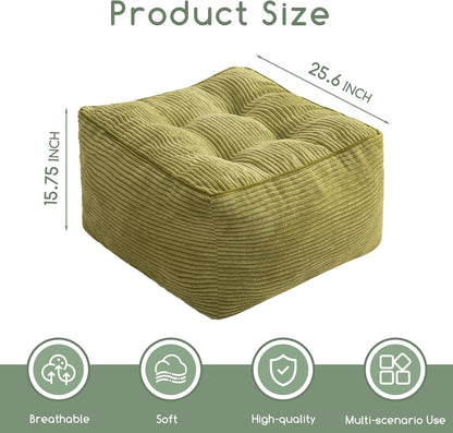 HIGOGOGO Square Stuffed Pouf Ottoman, Corduroy Poufs with Foam Chunk Filling, Furry and Fluffy Pouf Foot Stool Storage Ottoman, 25.6 X 25.6 Floor Poufs Foot Rest for Living Room, Green