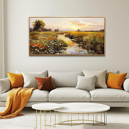 PHAOHUAXM Canvas Wall Art For Living Room Wall Decor For Bedroom Watercolour Painting Office Decoration Countryside Sunrise Scenery Wall Picture Printing Artwork Home Decor Wood Framed 24x48 In