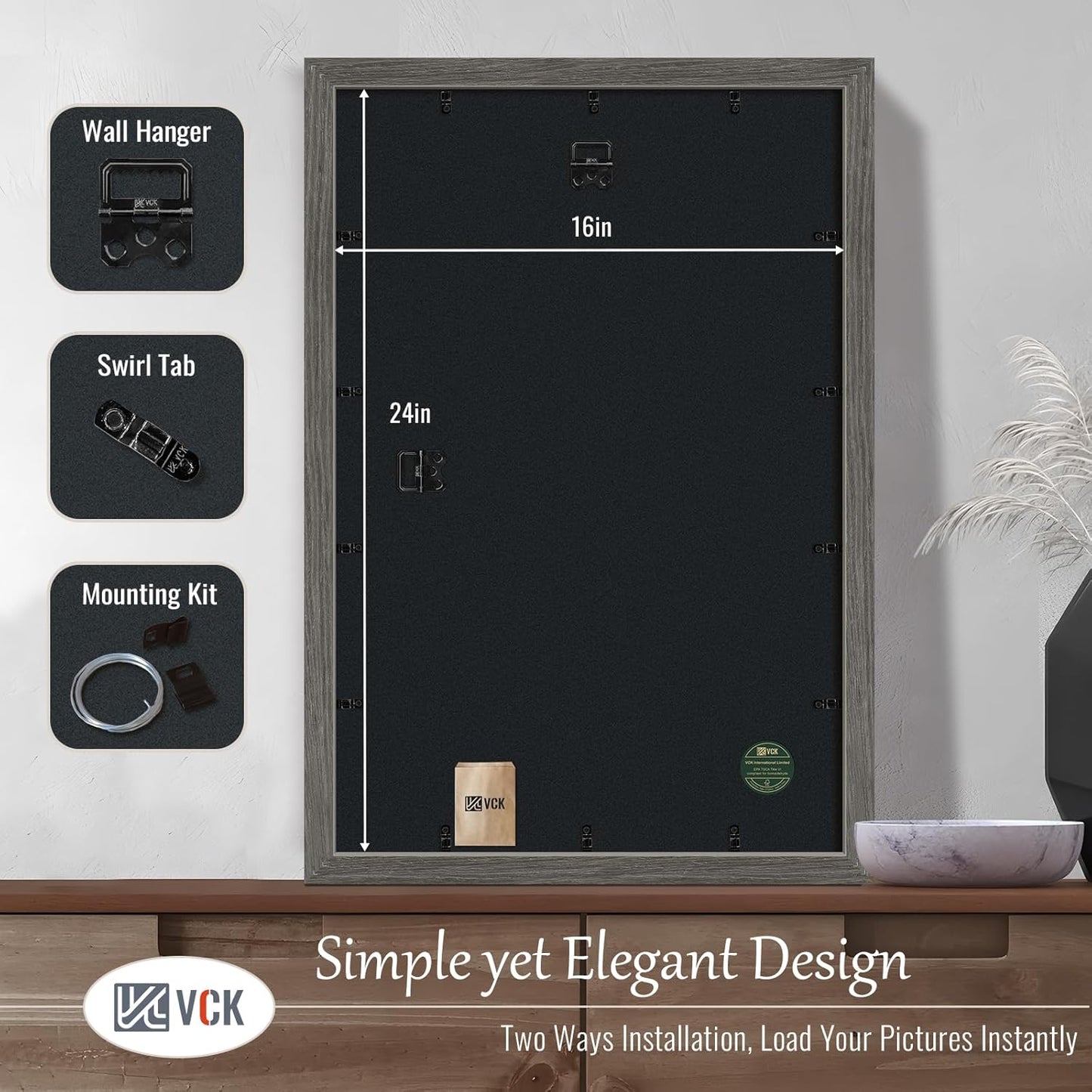 VCK 16x24 Frame Set of 3, Gray Solid Wood Poster Picture Frame, Exclusive Wood Grain, Wall Gallery Frame