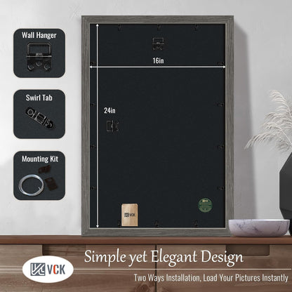 VCK 16x24 Frame Set of 3, Gray Solid Wood Poster Picture Frame, Exclusive Wood Grain, Wall Gallery Frame