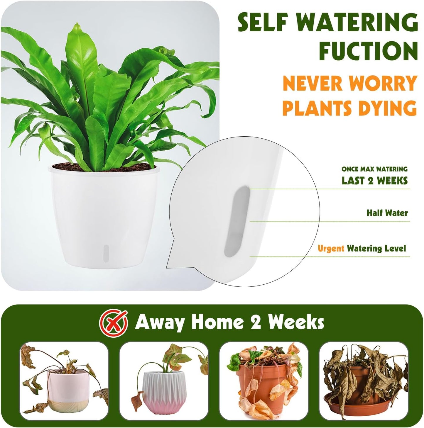 Self Watering Pots for Indoor Plants, 8-Pack 5'' Self Watering Planter with Drainage Holes, Small African Violet Pots with Water Level Indicator, Clear Wick Pot, White/Black