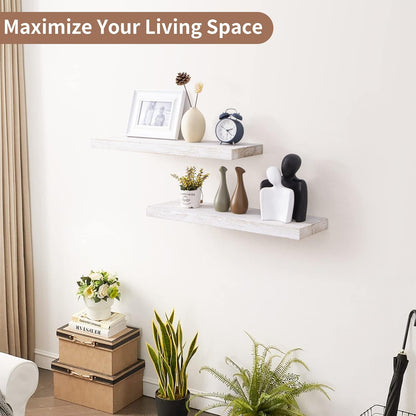 Axeman Floating Shelves for Wall, 24''W x 8''D Rustic Solid Elm Wood Wall Shelves for Storage, Wall Mounted Display Shelving with Invisible Heavy-Duty Metal Bracket (White Wash, 2PCs)