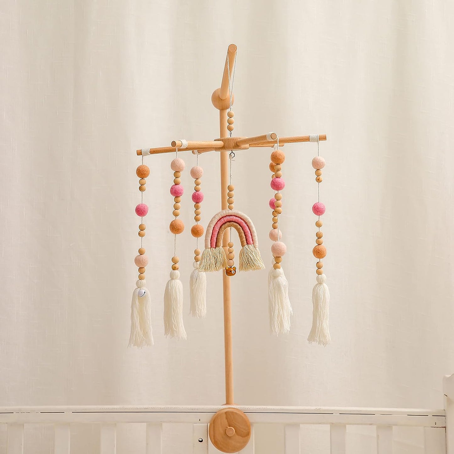 Baby Crib Mobile,Crib Mobile Wooden Mobile with Colorful Cotton Ball Wool Felt Ball Boho Baby Mobile Bassinet Mobile for Crib,Mobile for Baby Nursery and Ceiling Decoration