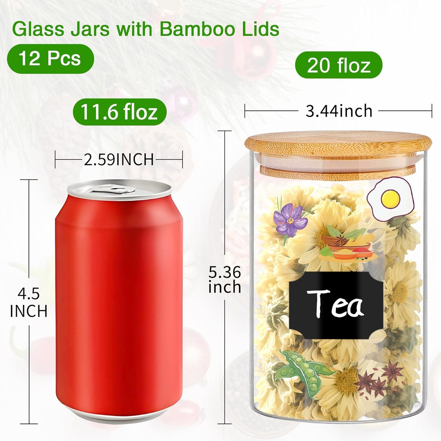 Glass Jars with Bamboo Lids 20 oz, 12 Pcs Stackable Kitchen Glass Pantry Storage Containers with Airtight Bamboo Lids for Rice, Candy, Sugar, Flour, Nuts, Cookie, Bean