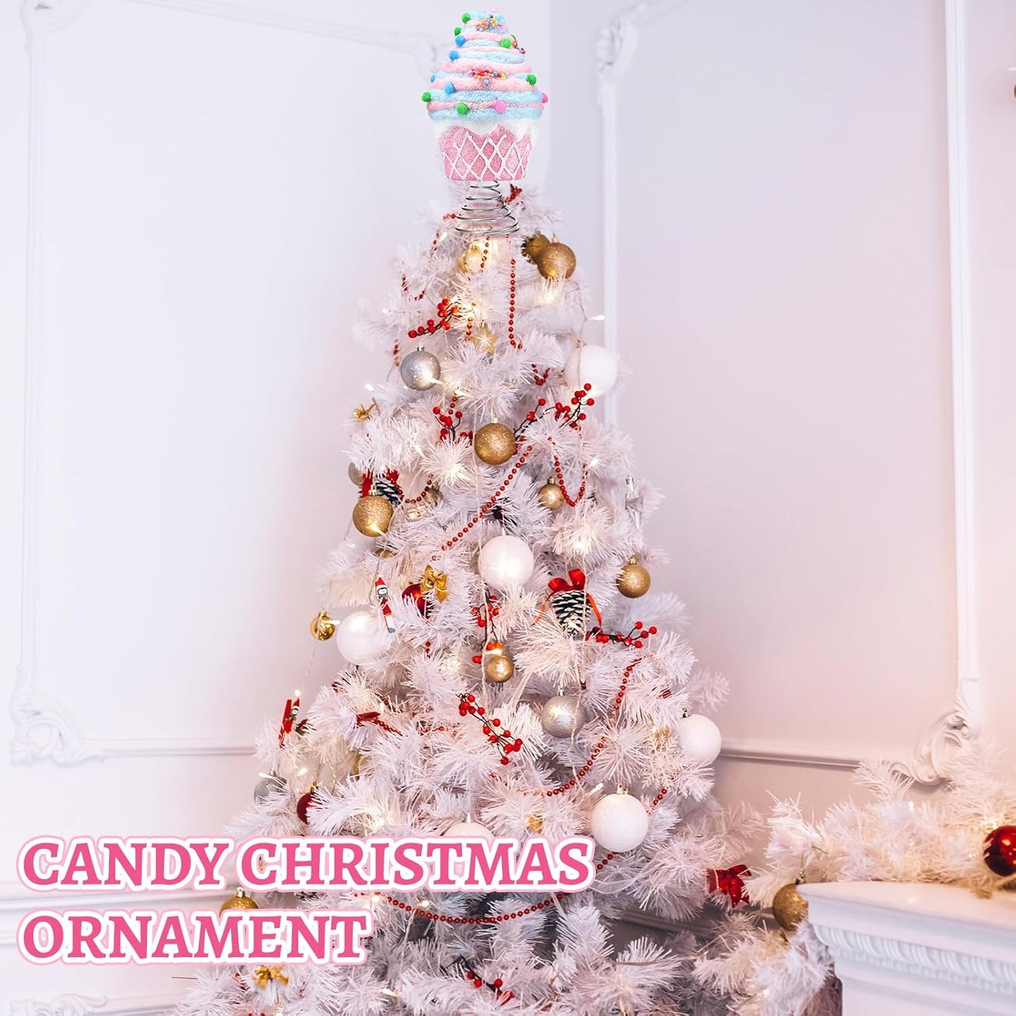 Retisee 7.9 Inch Pastel Dessert Christmas Tree Topper Pink Cupcake Tree Topper Candy Donut Christmas Tree Decoration Pastel Christmas Ornaments for Christmas New Year Birthday Party Decor