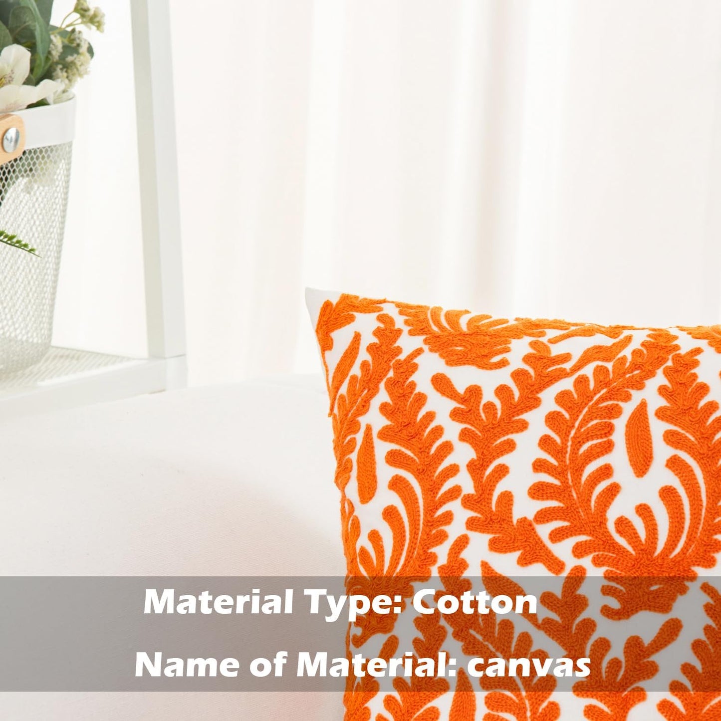 HWY 50 Orange Fall Decorative Throw Pillow Covers 18x18 Inch (1 Piece), Embroidered Cotton Farmhouse Cushion Cover Pillow Case for Sofa Couch Living Room Bed Bedroon, Floral Branches