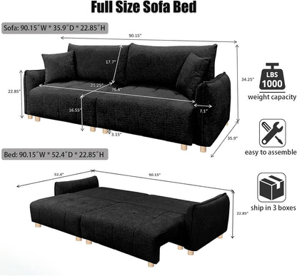 Convertible Sofa Bed, 90" Full Size Sleeper Sofa with Storage, Tufted Chenille 3 Seat Sofa Couches for Living Room, Small Spaces, Guest Room, Apartment, Black