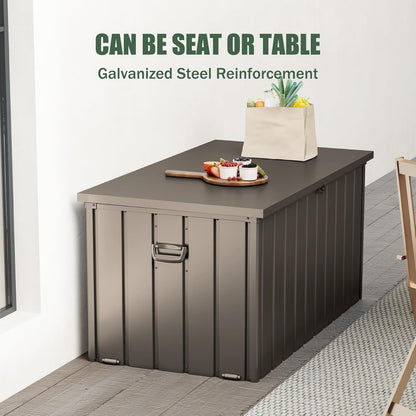 Domi Deck Box 150 Gallon, Waterproof Lockable Steel Outdoor Storage Container for Outside Cushions, Garden Tools and Pools Equipment, Brown