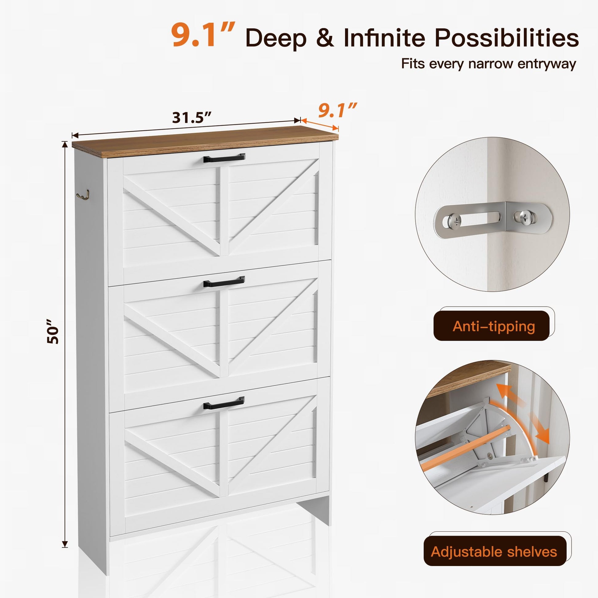 Nicetree Shoe Cabinet, 3 Flip Drawers & Adjustable Shelves, Ultra Slim Freestanding (9.1” Deep)