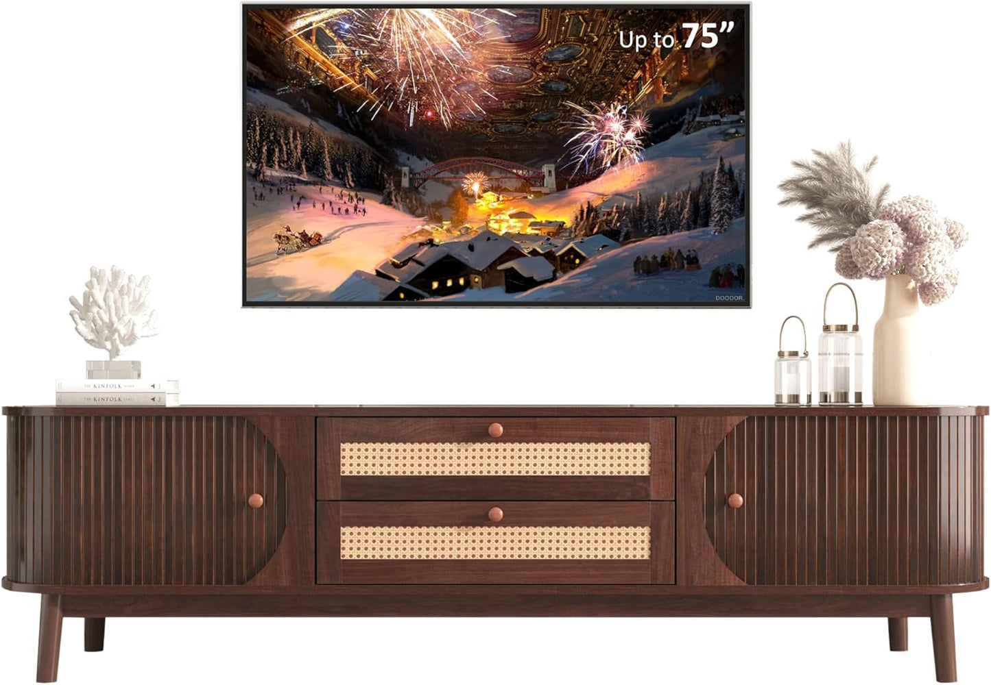 Merax Modern Fluted TV Stand for 75" TVs, Mid-Century Entertainment Center Tambour Door Media Console TV Cabinet with Rattan-Front Drawer for Living Room, Curved Profile Design