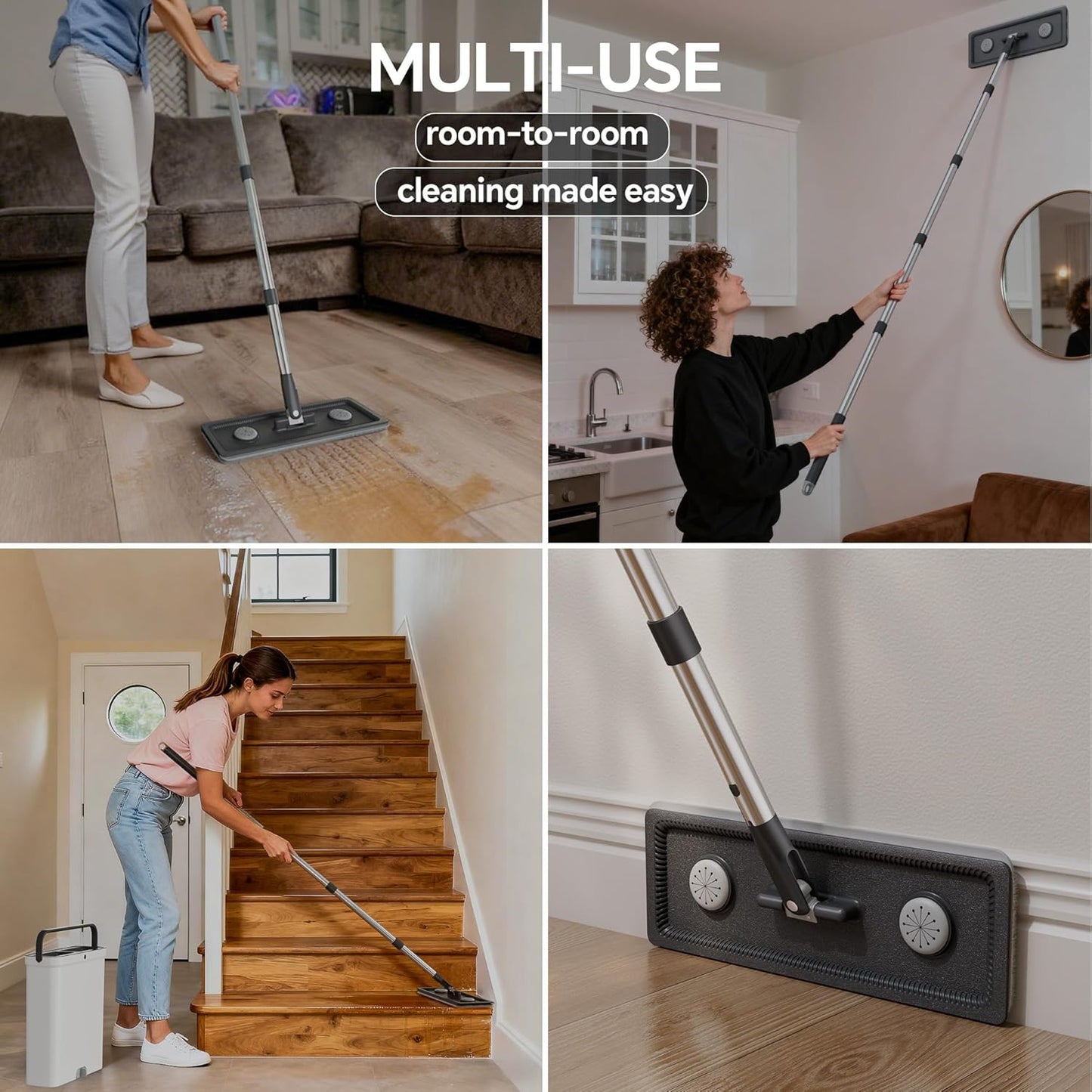 Compact Flat Mop and Bucket Set with Wringer, 360° Rotating Mop Head, 6 Reusable Microfiber Pads, Hands-Free Self-Cleaning System for Hardwood, Tile, Laminate, Vinyl, Walls & Windows