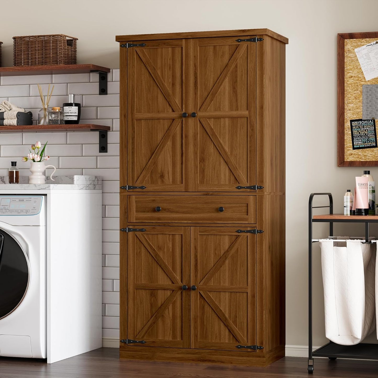 Pantry Organizers and Storage Cabinet, 70” Barn Door White Kitchen Cabinet with Drawers and Adjustable Shelf, Tall Pantry for Kitchen, Dining Room, Living Room