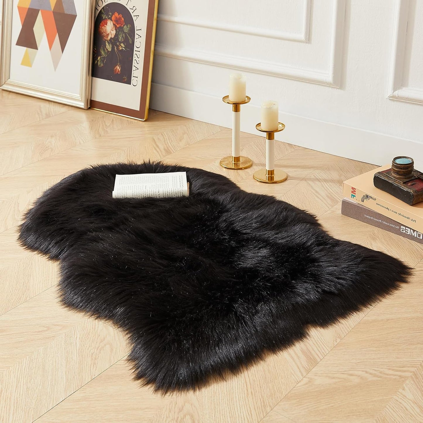 AMTOVO Faux Fur Rug, Black Small Area Rug, Fluffy Sheepskin Rug, Fuzzy Ultra Soft 2 x 3 ft Shag Rugs for Bedroom Sofa Throw Cushion Room Decor, Sheepskin