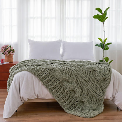 Esterra Chunky Knit Blanket Throw 50"x60", 100% Hand Knitted Chenille Throw Blanket, Cozy Soft Thick Cable Knit Throw Large Rope Knot Crochet Throw Blanket for Sofa Couch Bed, Sage Green