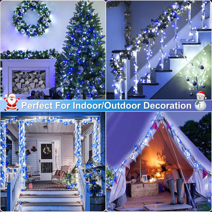 Christmas Lights Outdoor, 100FT 300 LED Christmas Tree Lights with 8 Modes Waterproof, Connectable Green Wire Twinkle Tree Lights for Indoor Patio Garden Party Decorations, Blue White